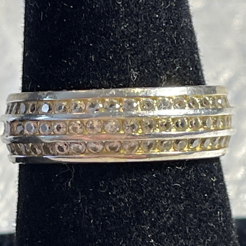 Silver & Wht Stones 3-Row Band Ring, sz 9